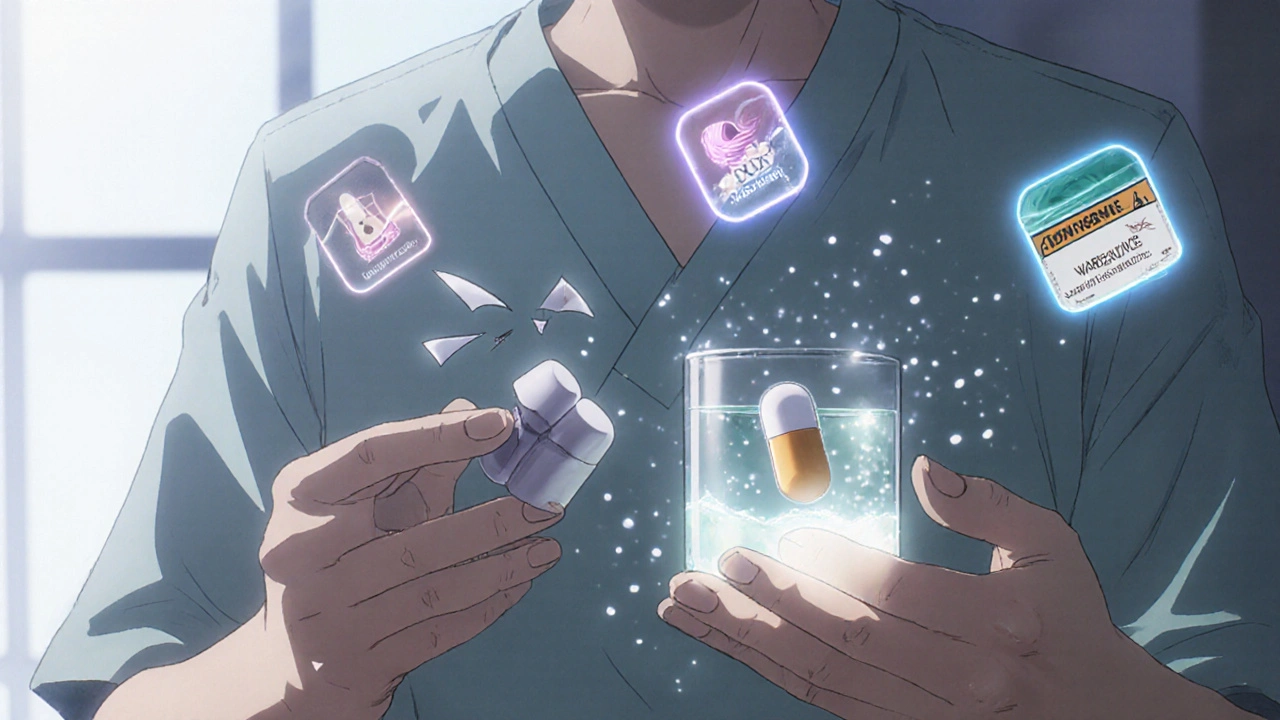 A patient comparing a broken extended-release pill with a dissolving immediate-release capsule, floating drug icons around them.