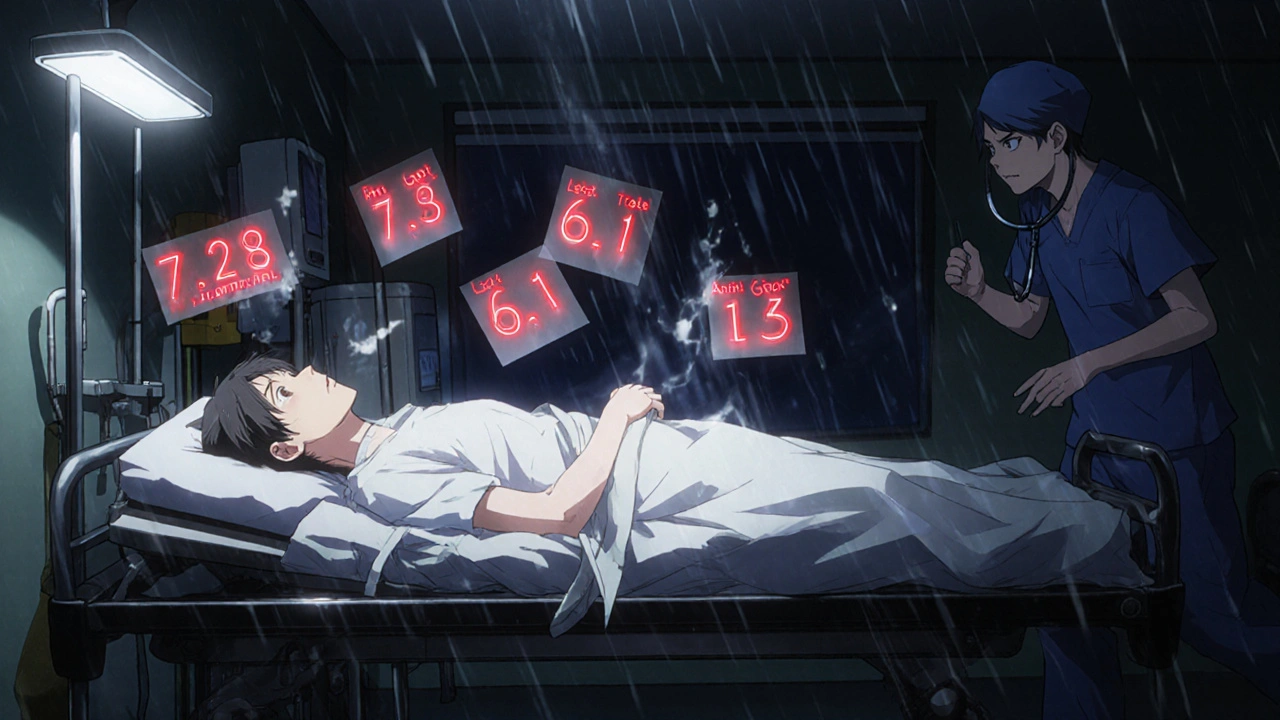 A patient in an ER with glowing blood test results showing lactic acidosis warning signs.