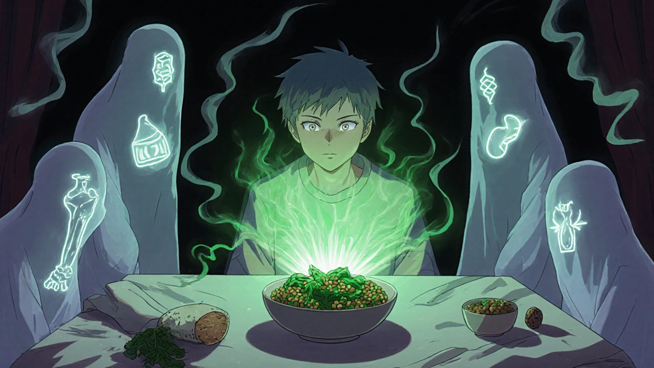 A person surrounded by fading forbidden foods, healed by a green aura from wholesome vegetables.