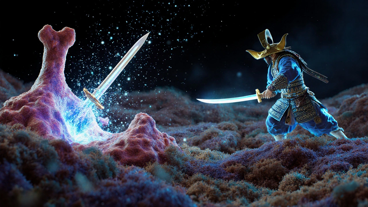 A surreal battle inside the body between inflammatory cells and protective gut bacteria.