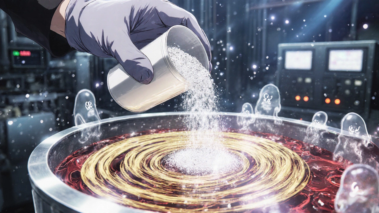 A technician adding calcium acetate powder to a plating tank, with shimmering ions calming the solution in a high-tech lab.