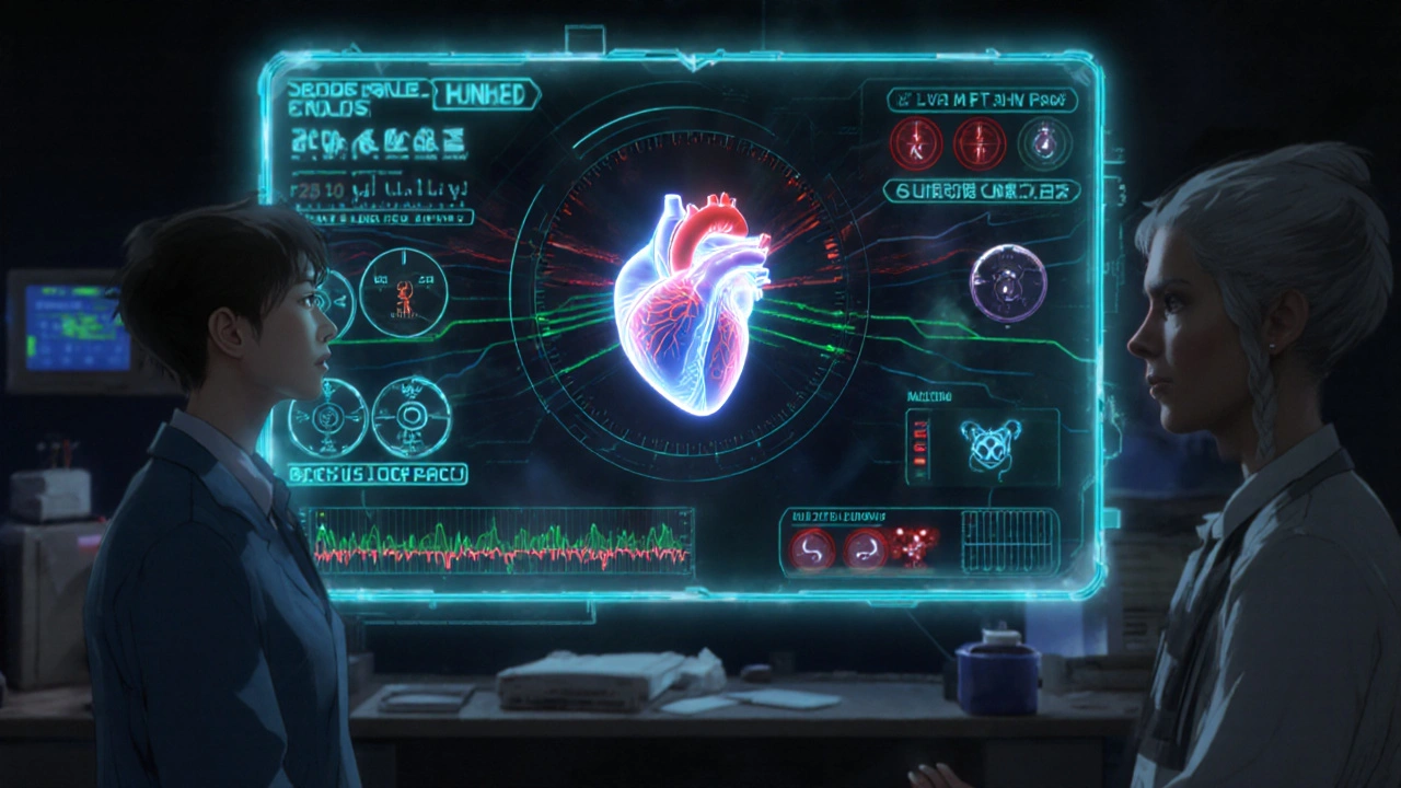 AI medical interface projecting personalized DAPT plan with real-time health data and safe heart pulse.
