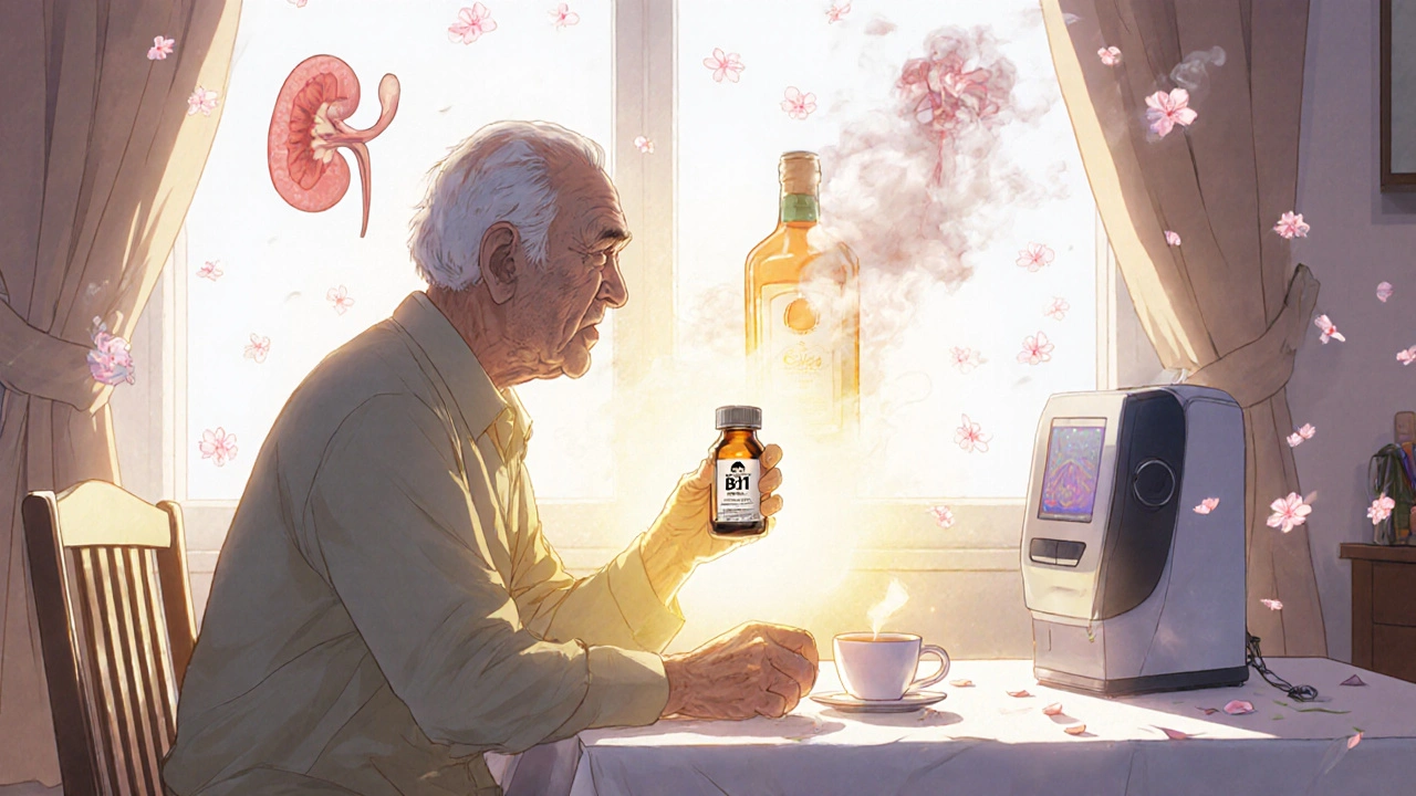 An elderly person taking a B12 supplement with risks dissolving into smoke behind them.