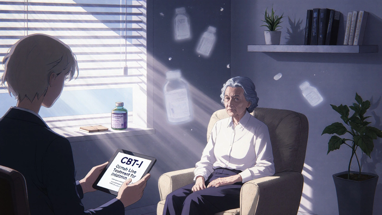 An older woman in therapy room with sunlight, listening to a counselor, melatonin bottle and journal nearby.