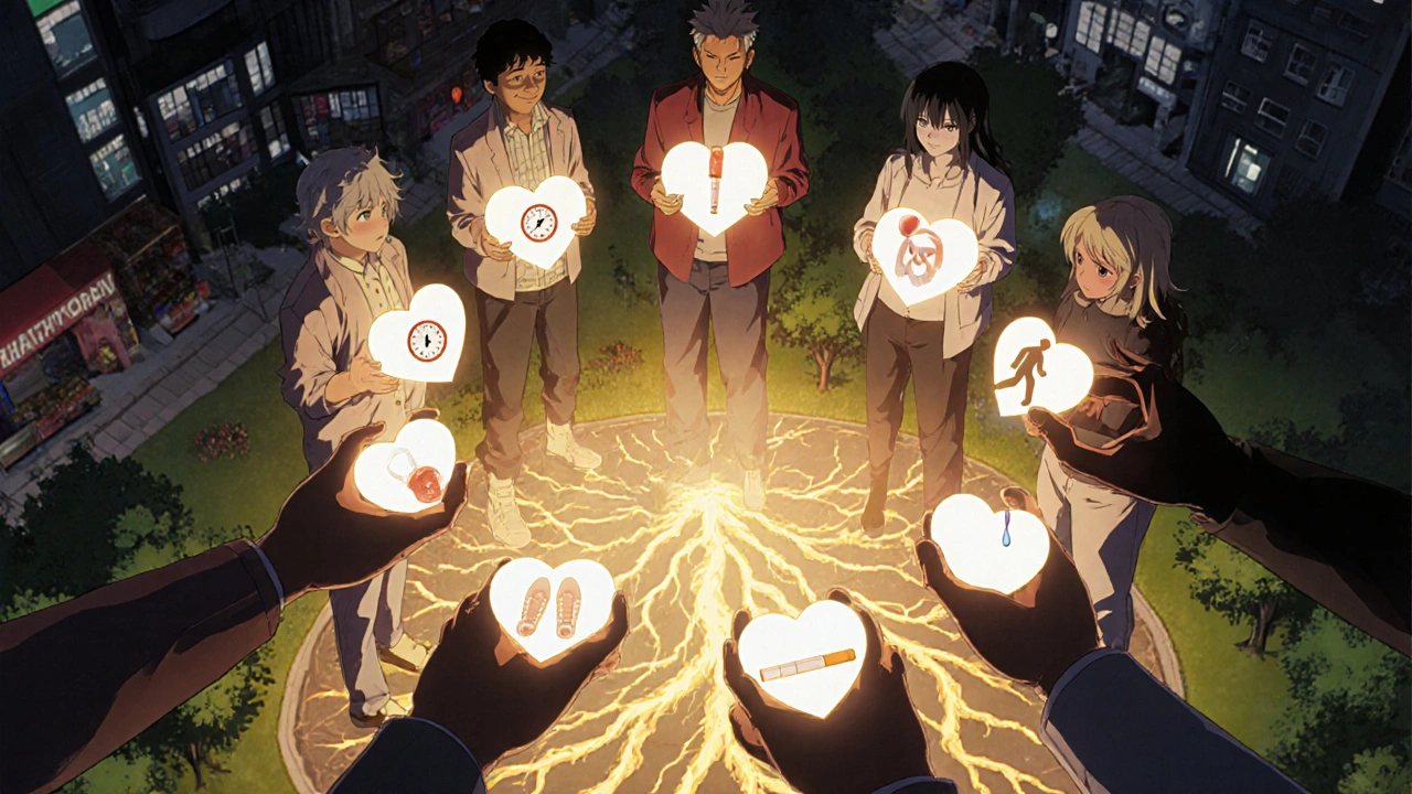 Diverse people holding glowing heart tokens representing health factors, light radiating as urban setting turns green and hopeful.