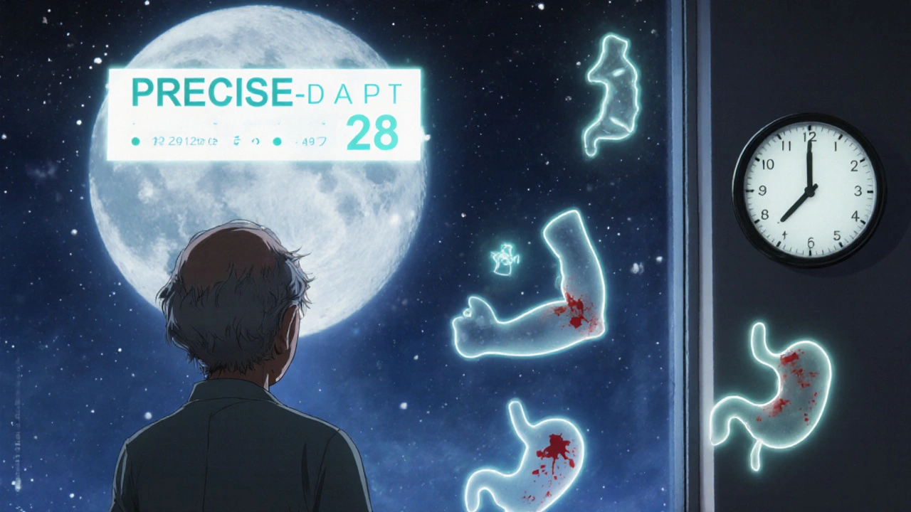 Elderly patient in dim room seeing ghostly bleeding symptoms, PRECISE-DAPT score floating nearby.