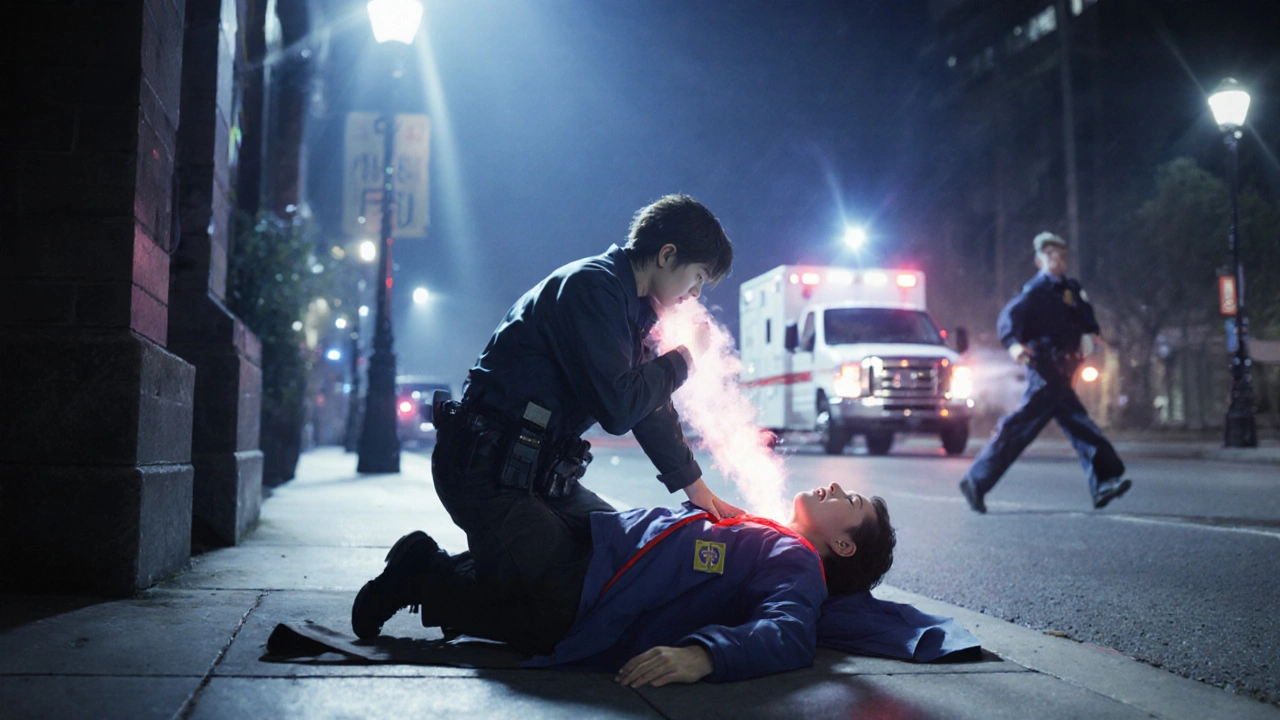 Emergency responder performing rescue breathing on an overdose victim under streetlights, paramedics approaching.