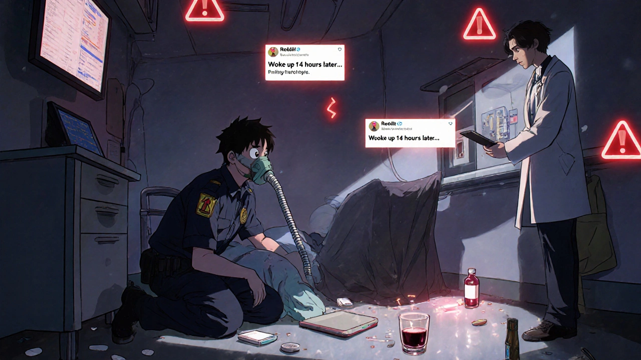 Emergency room scene with a disoriented patient, medical staff, and scattered pill bottles under warning lights.