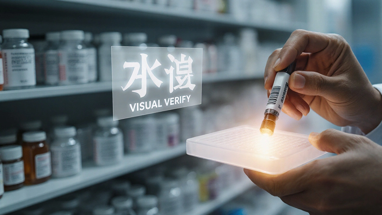 Hands placing an insulin pen into a scanning tray with a glowing 2D barcode and a faint &#039;VISUAL VERIFY&#039; alert.