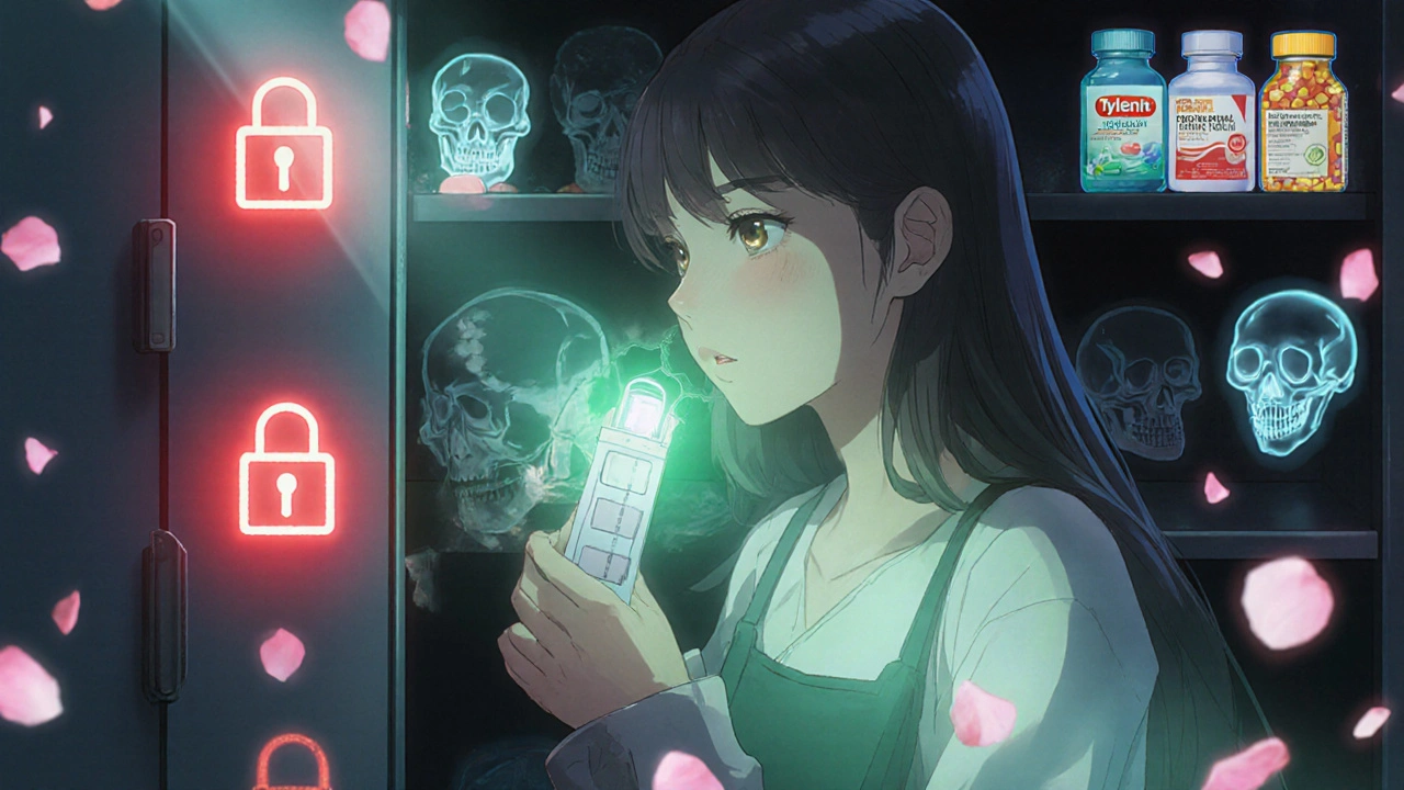 Mother holding fentanyl test strip beside locked medicine cabinet with floating toxic pill images.