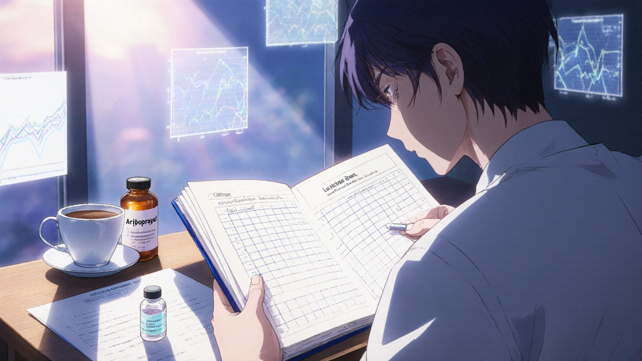 Patient and doctor reviewing sleep journal with aripiprazole pill and melatonin on desk at dawn.