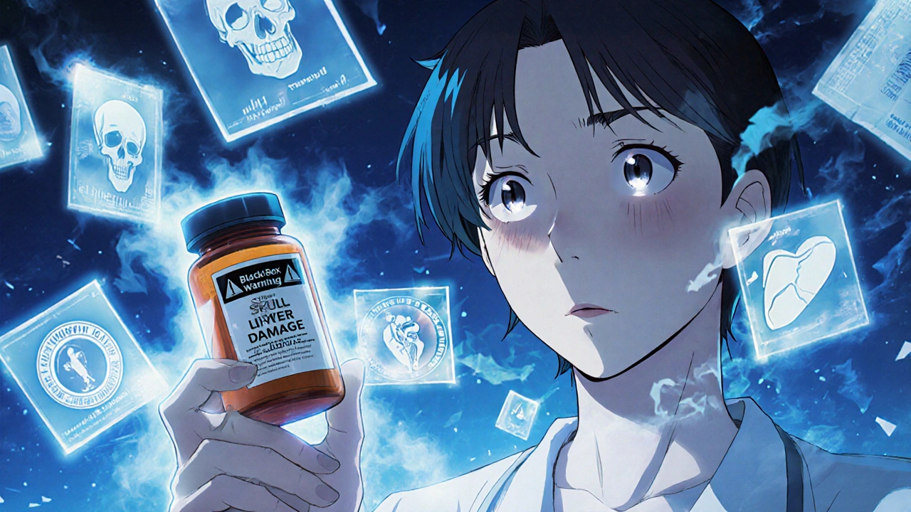 Patient holding a pill bottle with a Black Box Warning as ghostly medical danger symbols float around them.