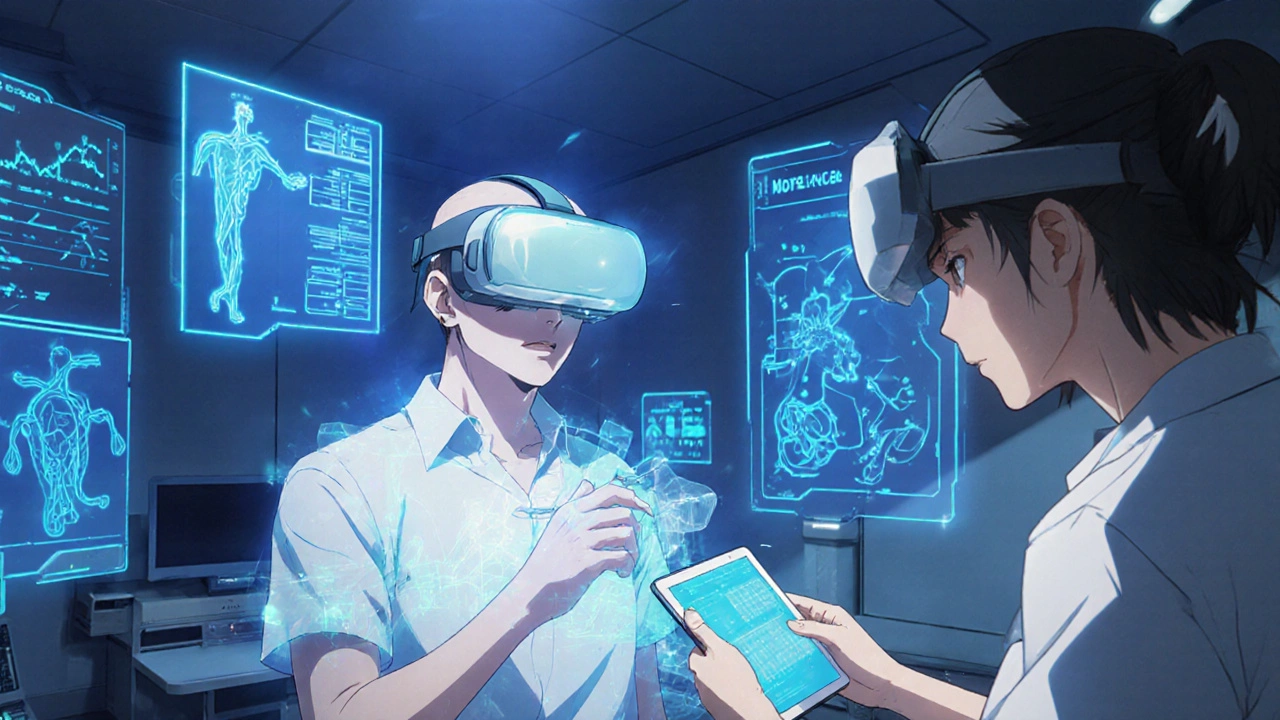 Patient using VR headset to practice needle insertion during dialysis training, with floating anatomical diagrams.