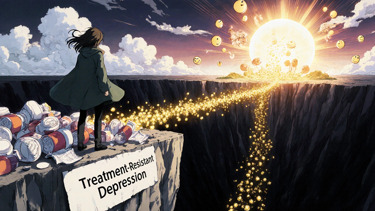 Person crossing a glowing neurotransmitter path over a depression chasm toward hope and light.