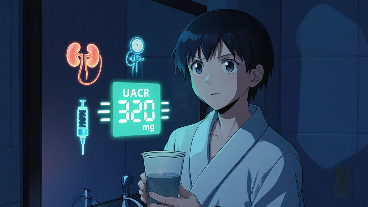 Person holding urine cup with digital UACR reading floating in mirror reflection.