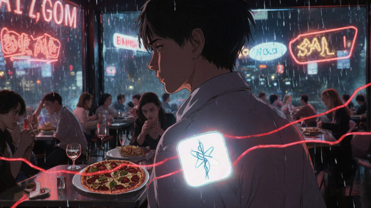Person wearing a glowing MAOI patch walking safely through a restaurant filled with risky foods.