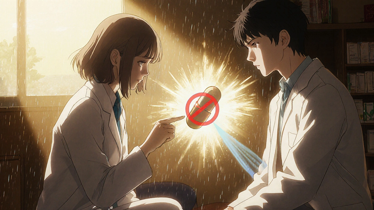 Pharmacist explaining a &#039;do not crush&#039; symbol with an animated diagram showing safe vs. dangerous pill breakdown.