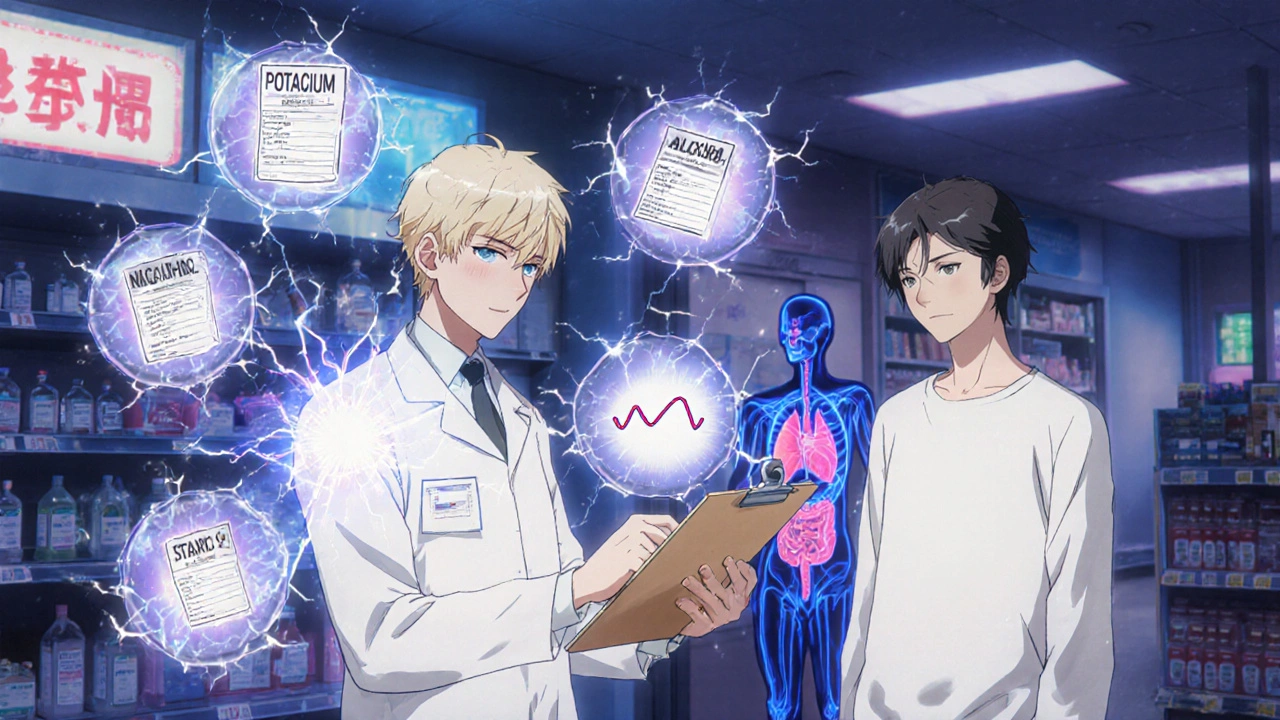 Pharmacist reviewing medication list with floating danger icons of drug interactions.