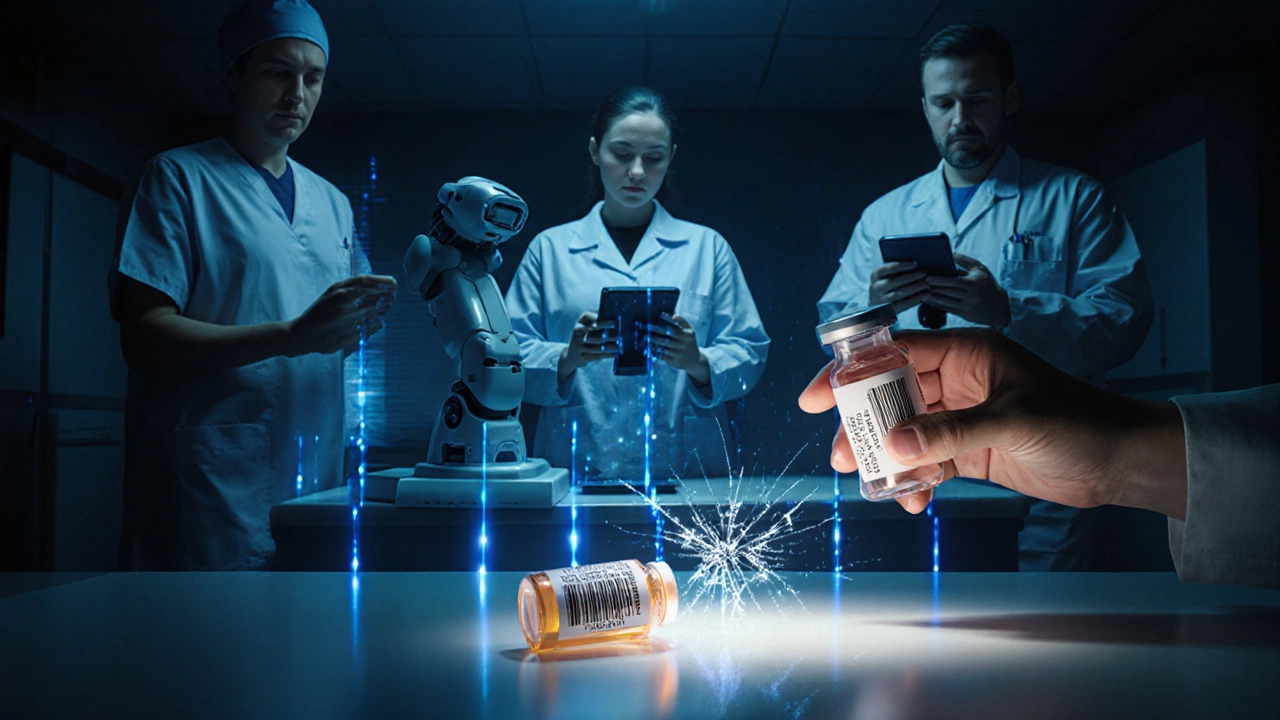 Pharmacists scanning medications at night with glowing data streams, one inspecting a vial by hand as a broken barcode lies nearby.