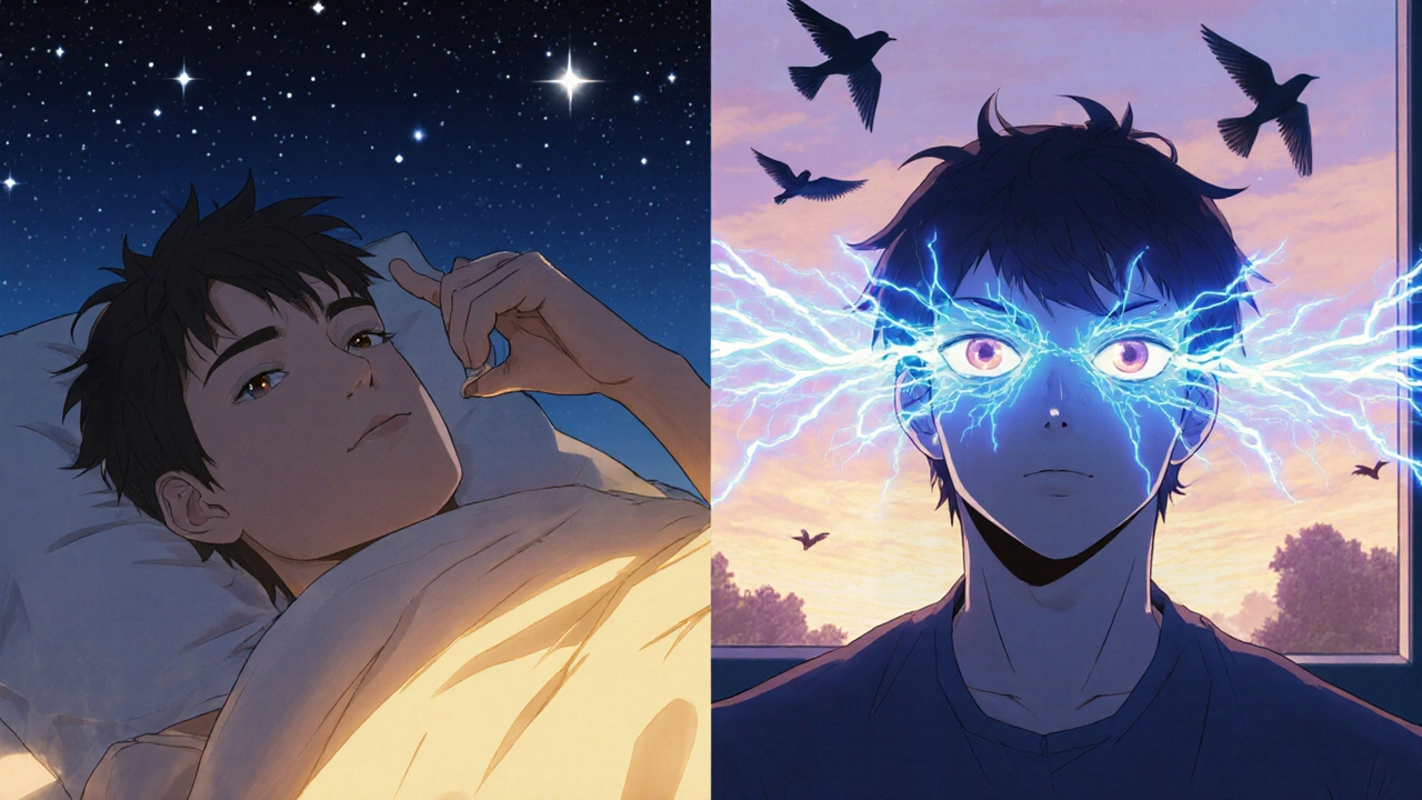 Split scene: man sleeping peacefully at night vs. alert and energized in morning after taking medication.