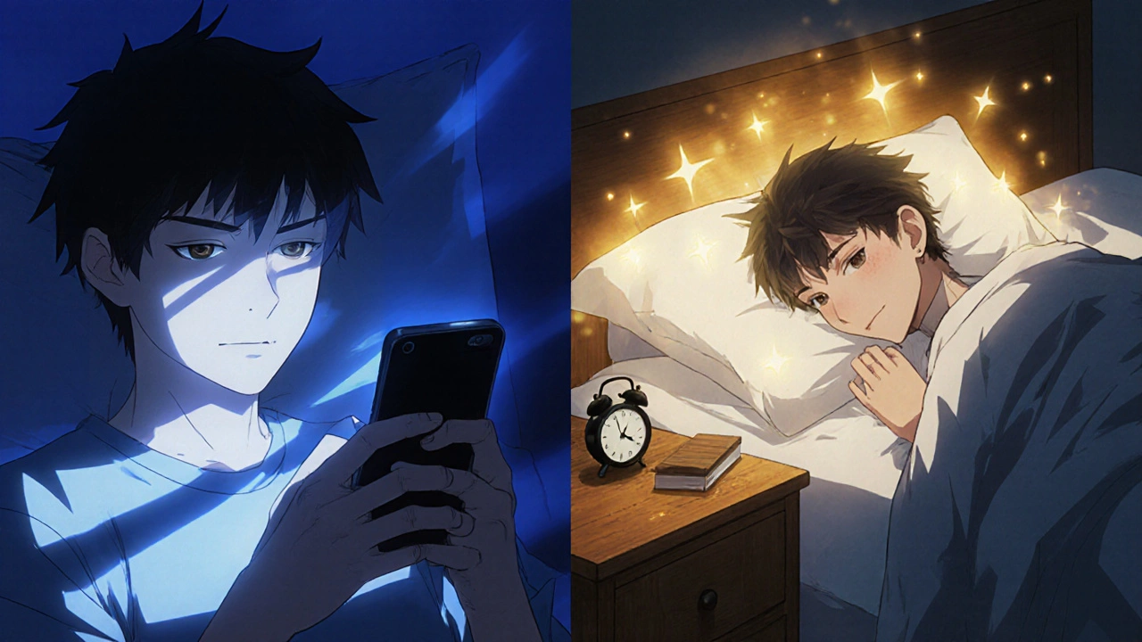 Split scene: person scrolling on phone at night vs. same person peacefully asleep with warm glow.