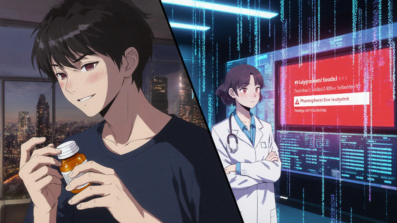Split scene: young adult smiling at savings vs. pharmacist facing an AI medication error alert.