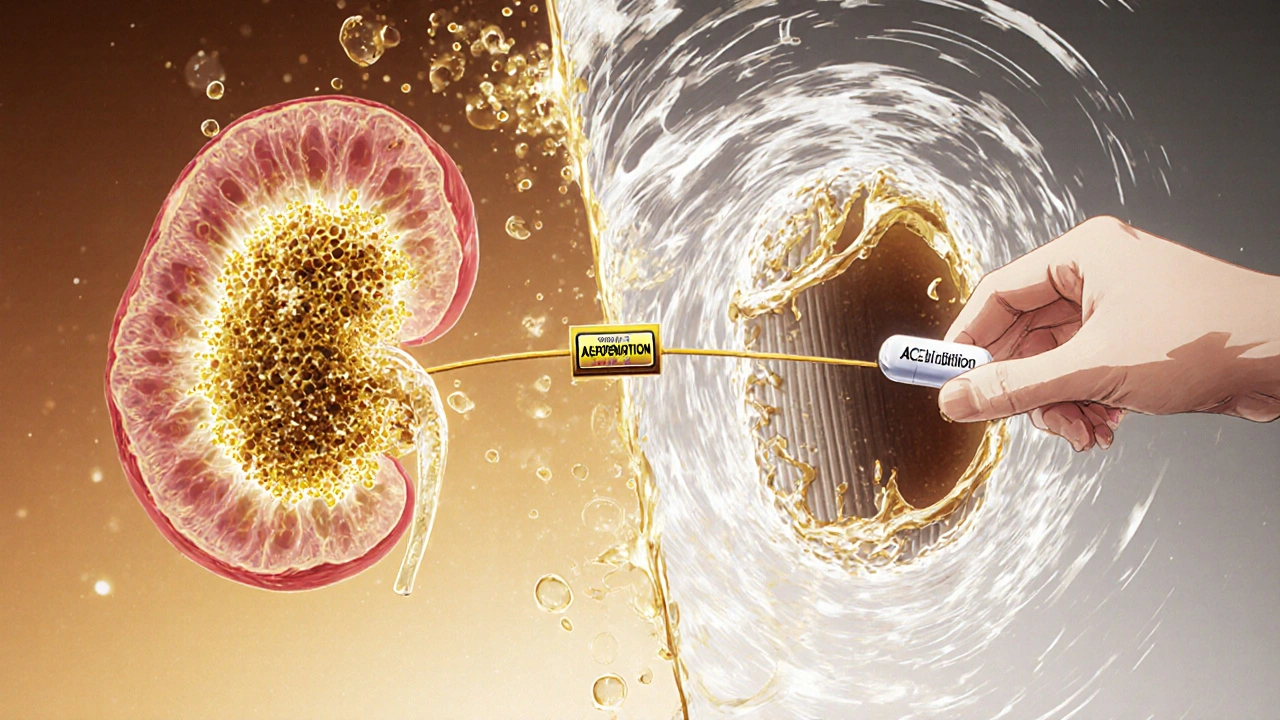 Split-screen of healthy vs damaged kidney with golden thread labeled &#039;30% Reduction&#039;.