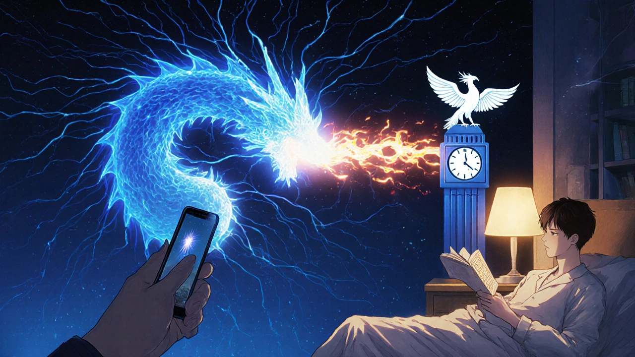 Symbolic brain battle: blue dragon of screen light vs. white phoenix of melatonin, with a calm reader nearby.