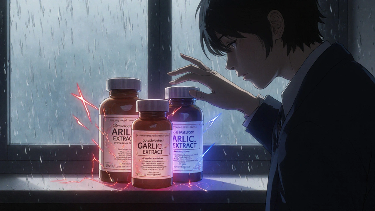 Three garlic supplement bottles with contrasting energy auras, a hand reaching for the dangerous ones.