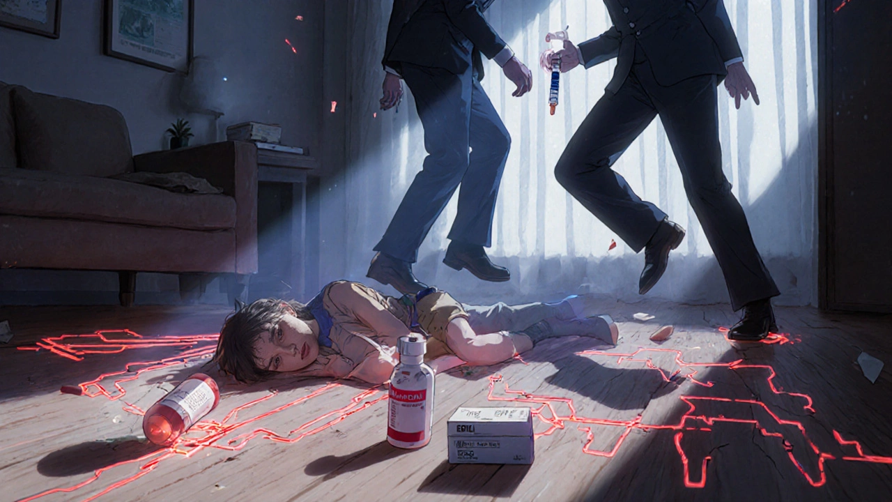 Unresponsive child on floor with medical team rushing in, glowing opioid pathways visible.