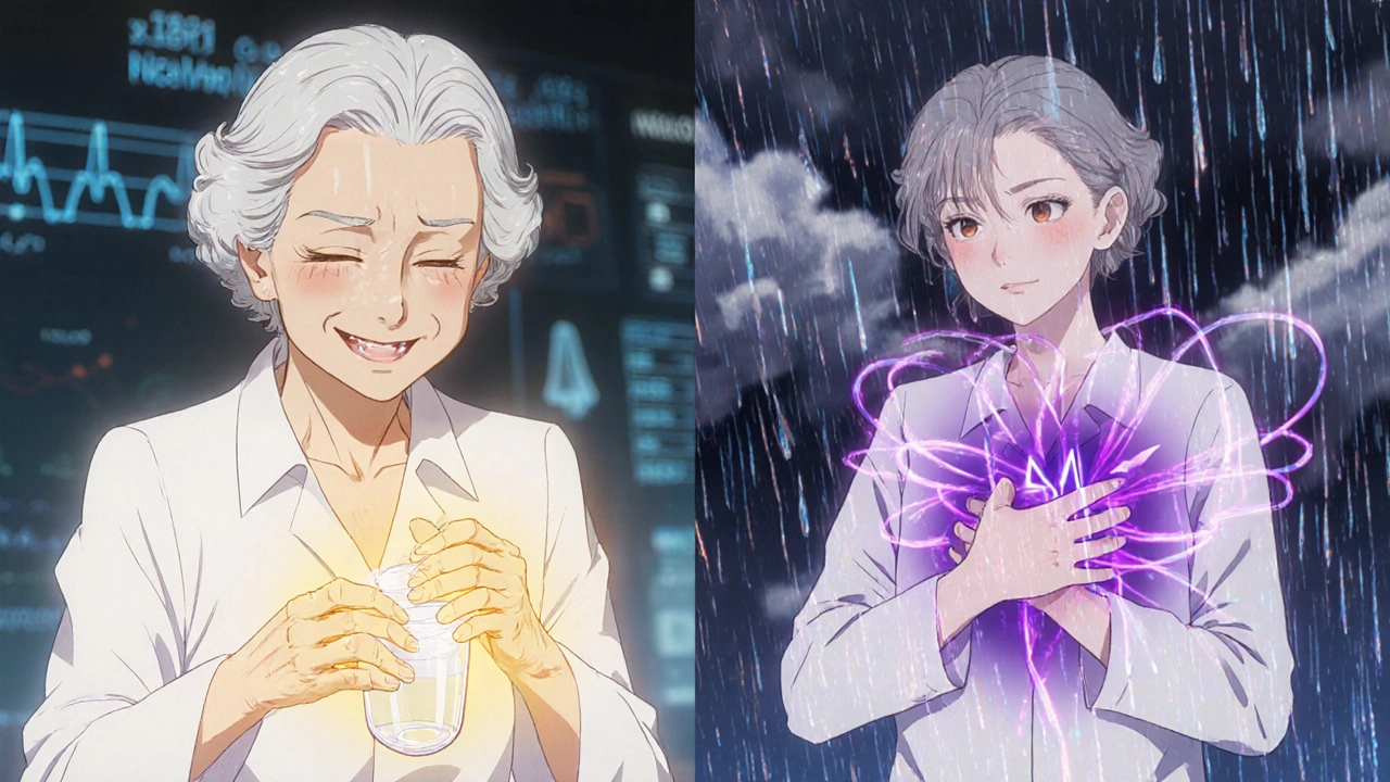 Woman peacefully taking safe pain relief vs. same woman in crisis from NSAID interaction.