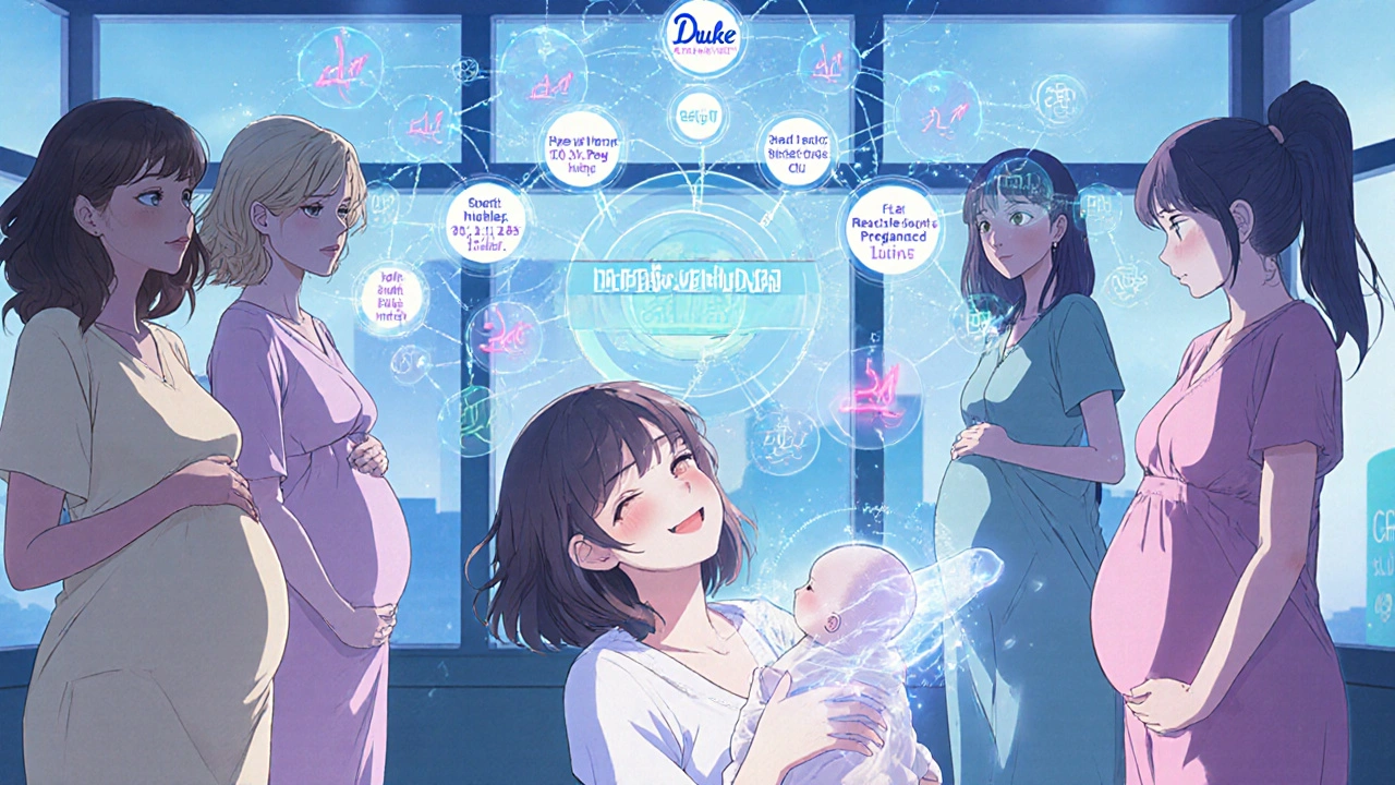 Women with pregnancy data streams connected to a holographic risk predictor, one nursing her baby with minimal drug transfer.