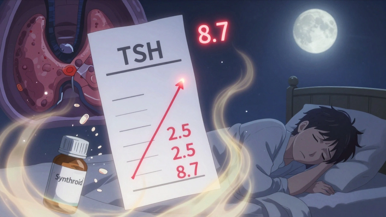 A blood test result showing rising TSH levels with a shattered Synthroid bottle and a tired patient in moonlight.