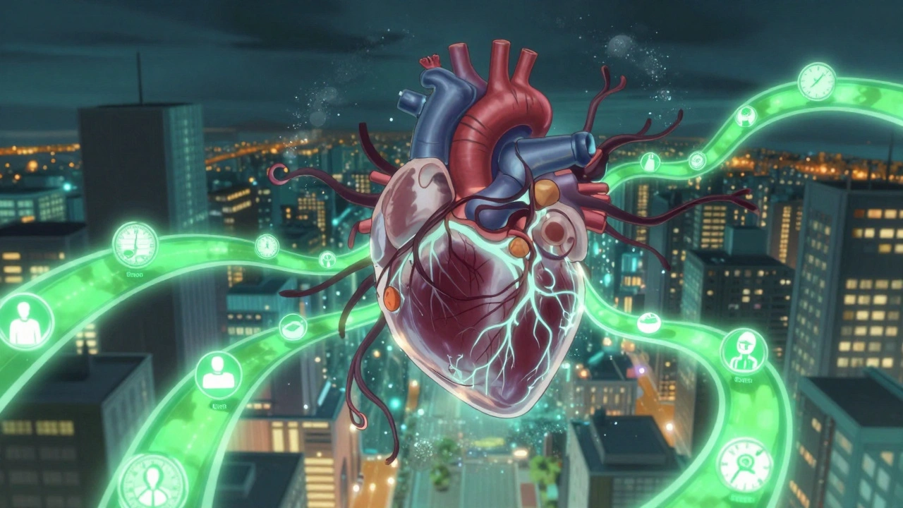 A digital twin of a human body with social factors darkening the heart, countered by a green lifestyle path.