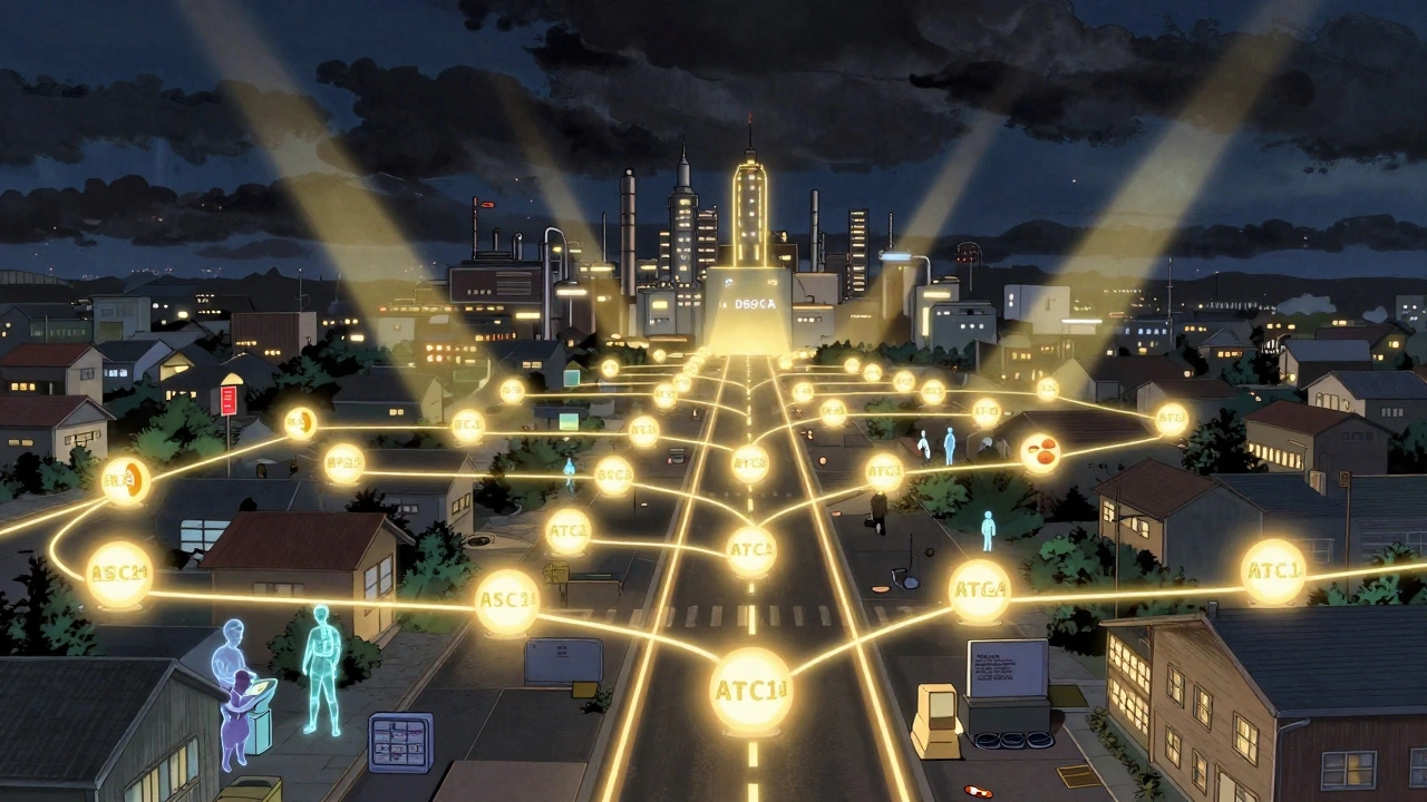 A glowing digital highway of drug packages connecting factories to pharmacies, guarded by verification systems.