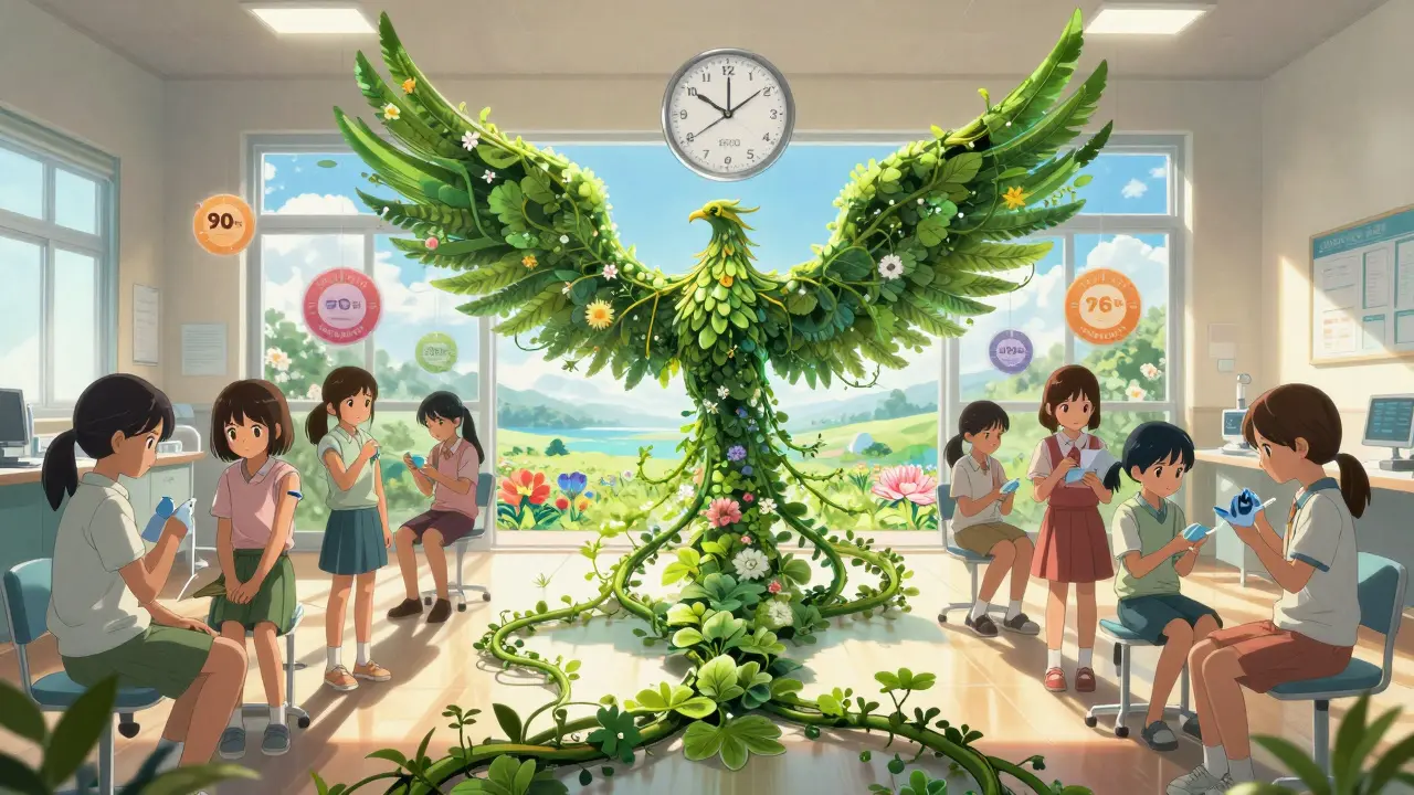 A group of girls receiving HPV vaccines as a phoenix rises from their shadows, representing global prevention progress.