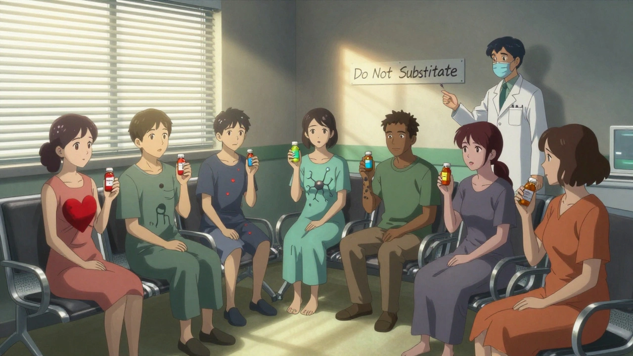 A group of patients in a waiting room holding different generic pills, their shadows representing medical conditions, with a &#039;Do Not Substitute&#039; note illuminated by sunlight.