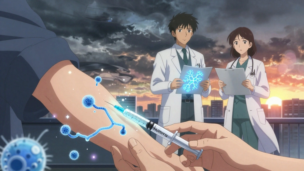 A hand receiving a Humira injection as TNF-alpha proteins dissolve into light, with doctors standing beside a glowing medical chart.