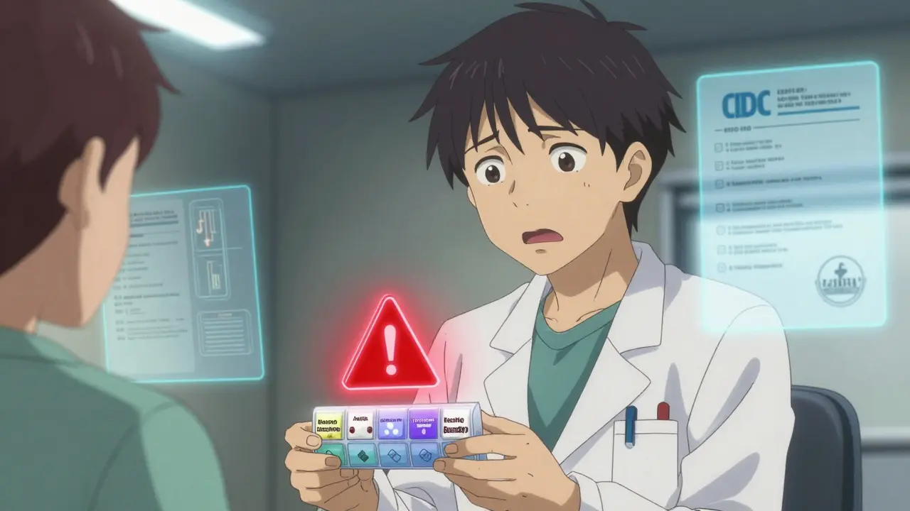 A patient in a doctor's office holding a pill organizer with multiple medications, glowing red warning symbol above their chest.