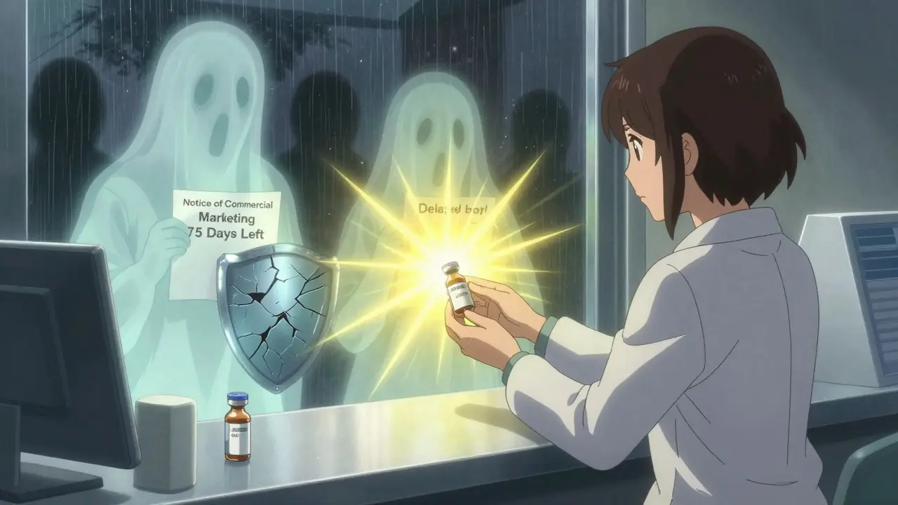 A patient reaches for insulin as golden light bursts from the vial, while ghostly delayed generics fade into shadow behind them.