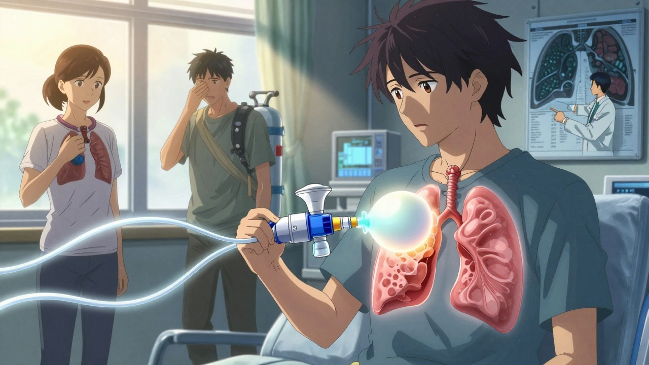 A patient receiving an endobronchial valve as healthy lung tissue glows, with daily struggles like oxygen tanks and chest devices in background.