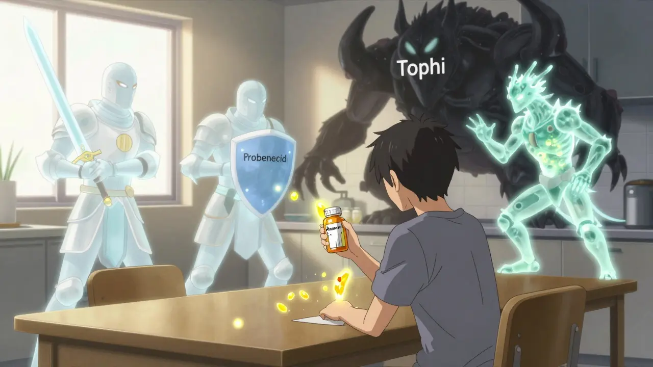 A patient taking medication as glowing crystals dissolve, with symbolic drug warriors fighting tophi.