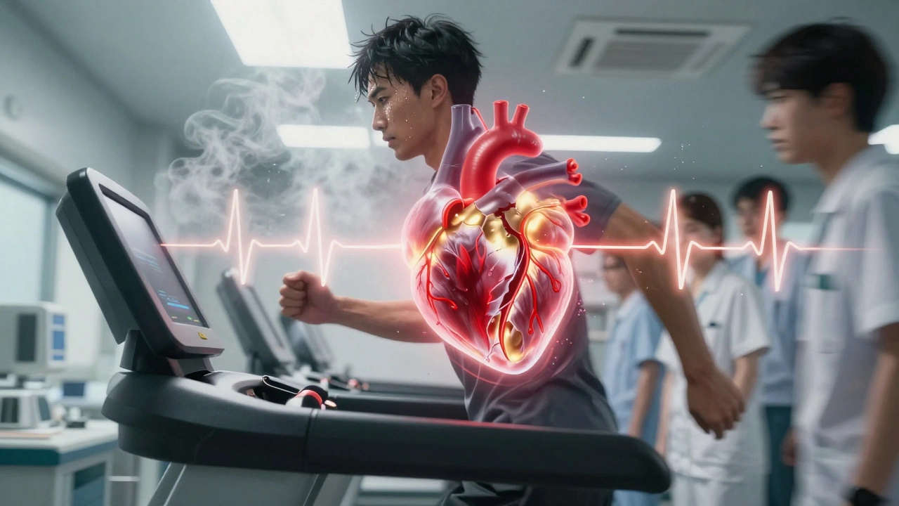 A person exercising on a treadmill with a glowing heart showing blocked arteries in anime style.