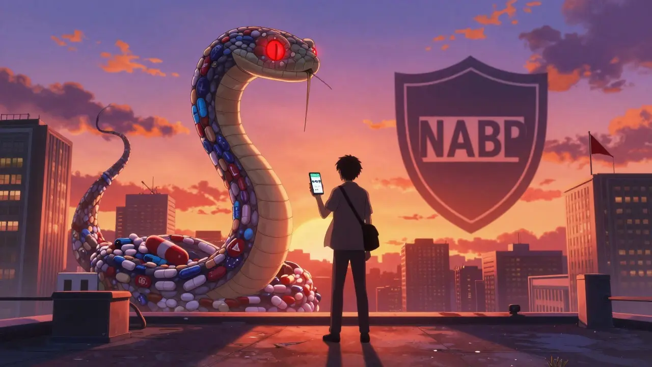 A person on a rooftop holding a phone with a safe medication price, while a serpent of fake pills coils behind them.