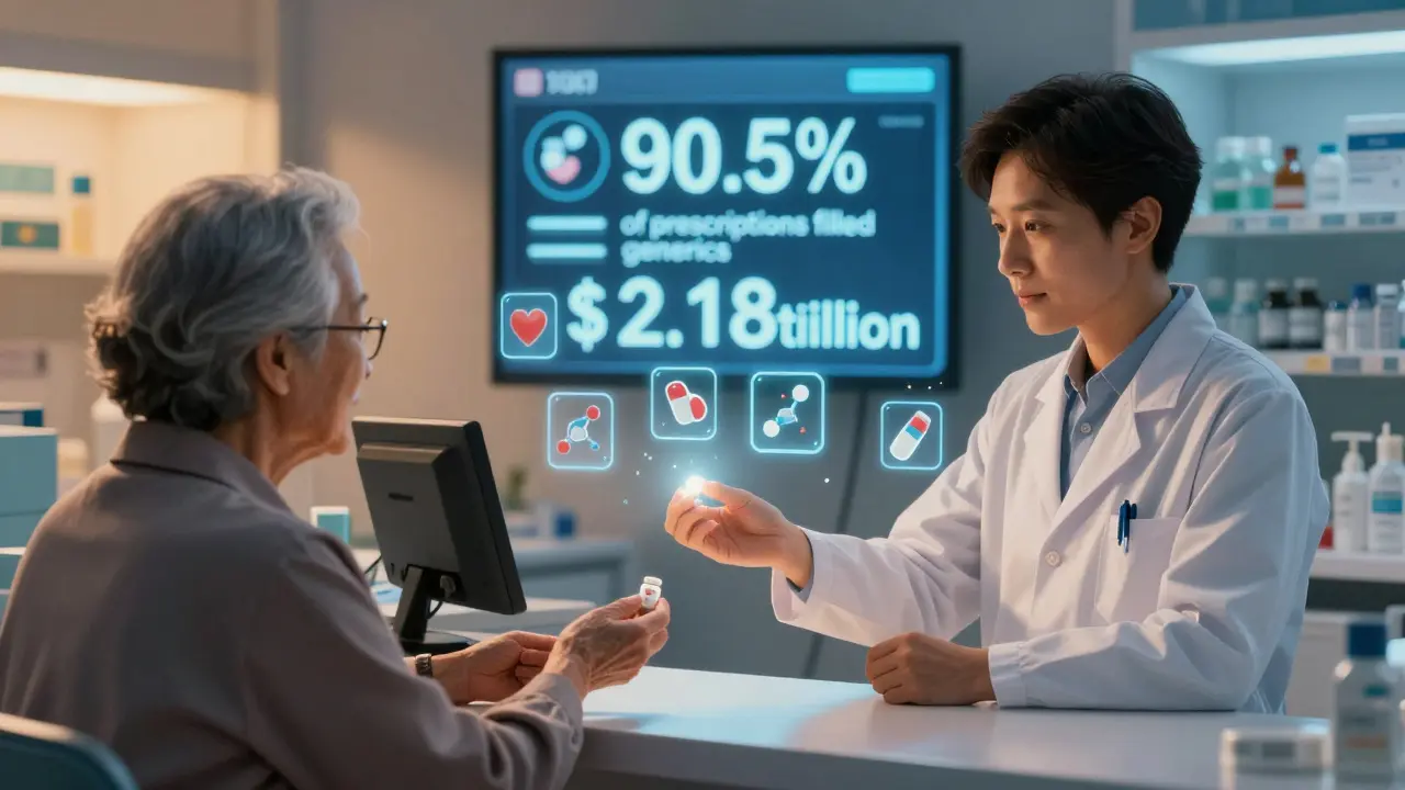 A pharmacist hands a generic pill to an elderly patient, with savings data glowing softly in the background.