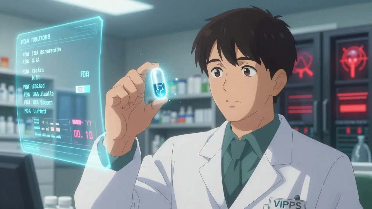 A pharmacist holding a glowing generic pill with holographic FDA approval data in the background.