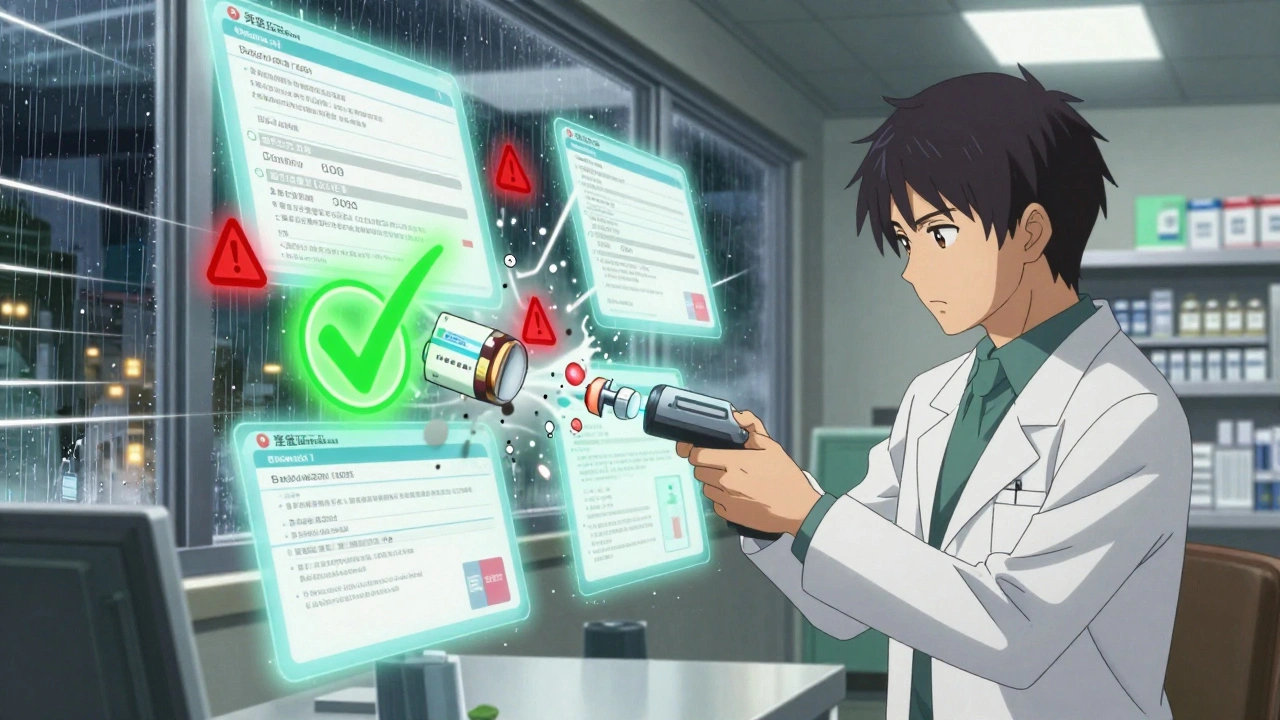 A pharmacist scanning a drug package as a digital verification system flashes warnings and approvals behind them.