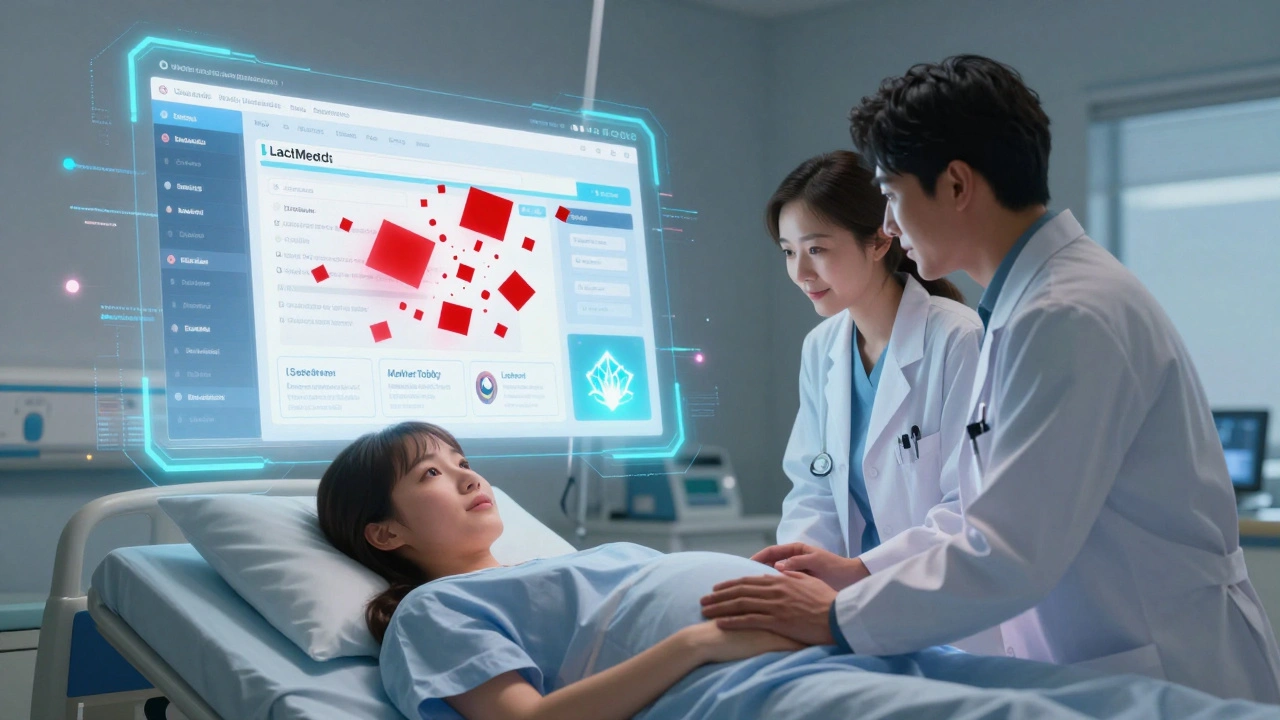 A pregnant patient and doctor watching an AI system verify medication advice with glowing trusted source emblems.