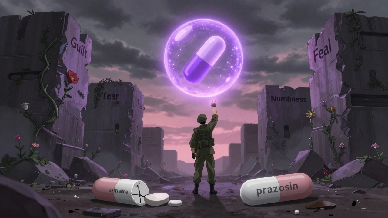 A soldier in a mental battlefield, with a glowing MDMA orb melting emotional walls into flowers.