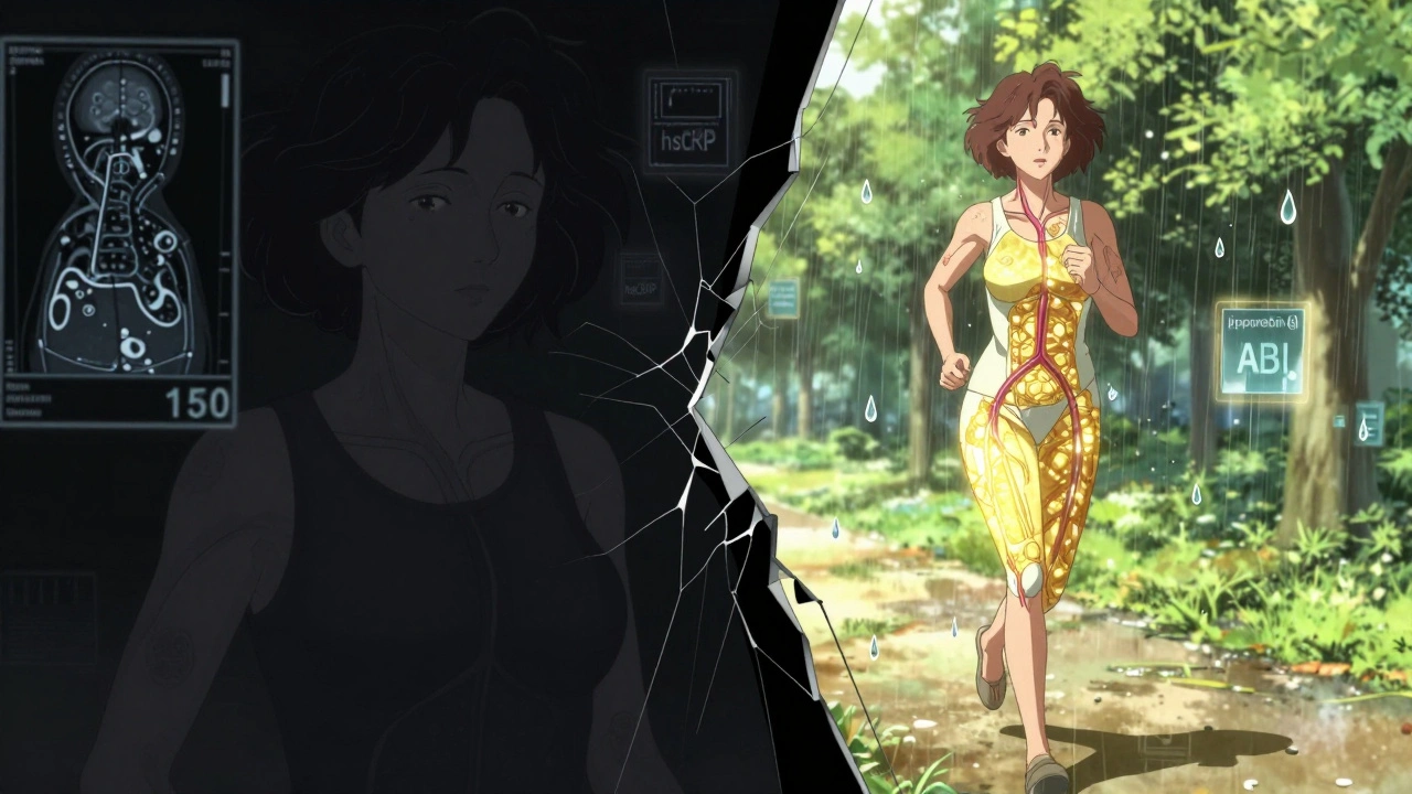 A woman at a crossroads: one version with calcified arteries, another healthy and jogging in sunlight.